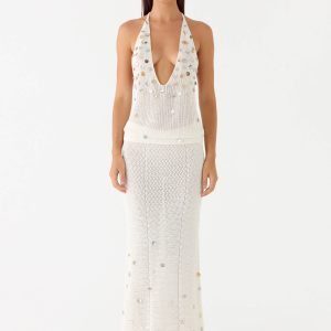 Adelaida Beaded Crochet Maxi Skirt - Ivory