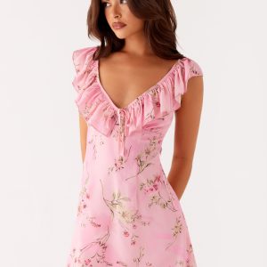 Adrina Ruffle Mini Dress - Pink Floral Print