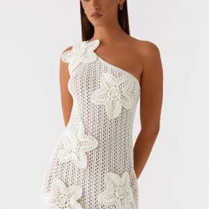 Afterglow One Shoulder Crochet Mini Dress - Ivory