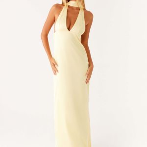 Alicia Satin Halter Maxi Dress - Yellow