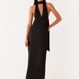 Alicia Satin Halter Maxi Dress - Black