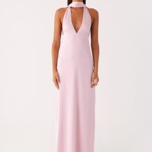 Alicia Satin Halter Maxi Dress - Baby Pink