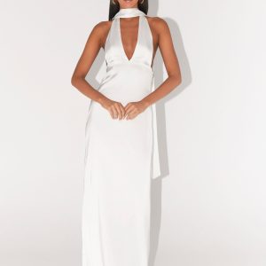 Alicia Satin Halter Maxi Dress - White