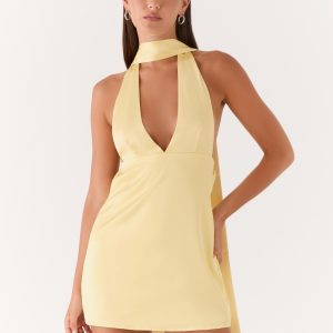 Alicia Satin Halter Mini Dress - Pastel Yellow