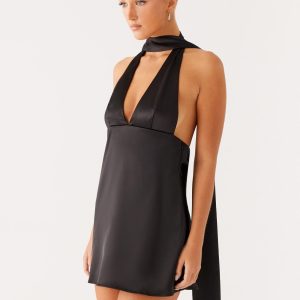 Alicia Satin Halter Mini Dress - Black