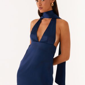 Alicia Satin Halter Mini Dress - Navy