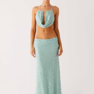 Amoura Sequin Low Rise Maxi Skirt - Mint Sage