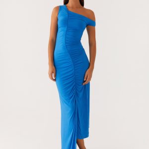 Anaya Ruched Asymmetrical Maxi Dress - Azure