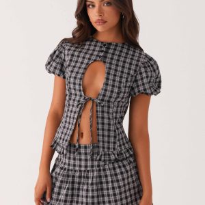 Annie Puff Sleeve Top - White Black Check