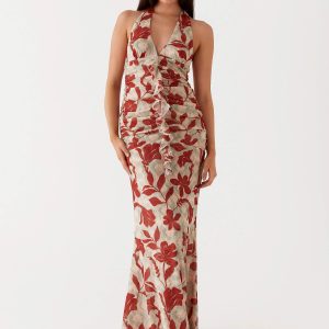 Ardenia Halter Maxi Dress - Red Green Floral