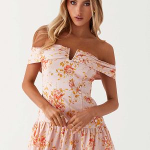 Aries Off Shoulder Linen Mini Dress - Pink Floral