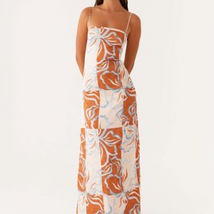 Aster Bloom Maxi Dress - Orange Blue Floral