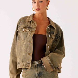 Back Again Oversized Denim Jacket - Brown Sand Wash
