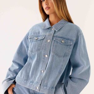 Back Again Oversized Denim Jacket - Light Wash Blue