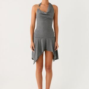 Bad Alive Halter Hanky Mini Dress - Grey Marle Stripe
