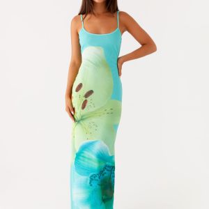 Bad News Mesh Maxi Dress - Turquoise Floral