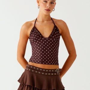 Bahama Eyelet Lace Up Top - Chocolate Strawberry Dot