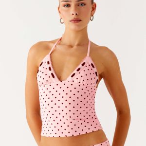 Bahama Eyelet Lace Up Top - Strawberry Dot