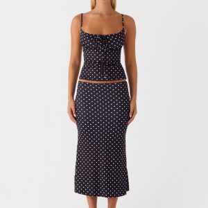 Bahama Low Rise Midi Skirt - Black Polkadot