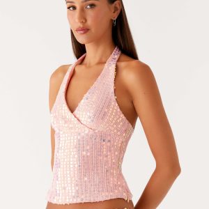 Been That Girl Halter Knit Sequin Top - Iridescent Pink