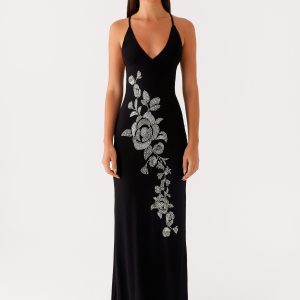Beki Beaded Mesh Maxi Dress - Black