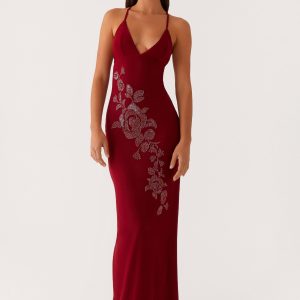 Beki Beaded Mesh Maxi Dress - Deep Red