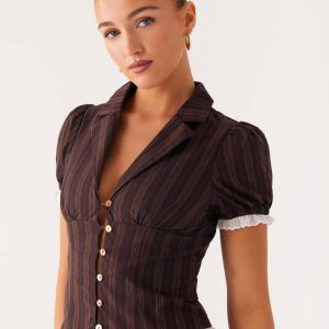 Bennett Button Up Top - Toffee Stripe
