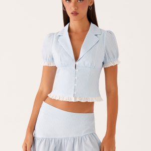 Bennett Button Up Top - Blue White Stripe