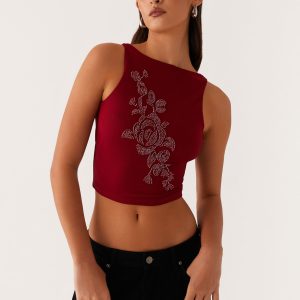 Brae Beaded Mesh Top - Deep Red