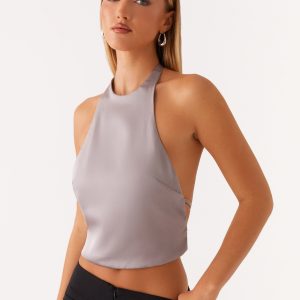 Bree Satin Halterneck Top - Grey