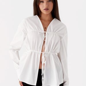 Bridget Ruched Tie Front Shirt - White