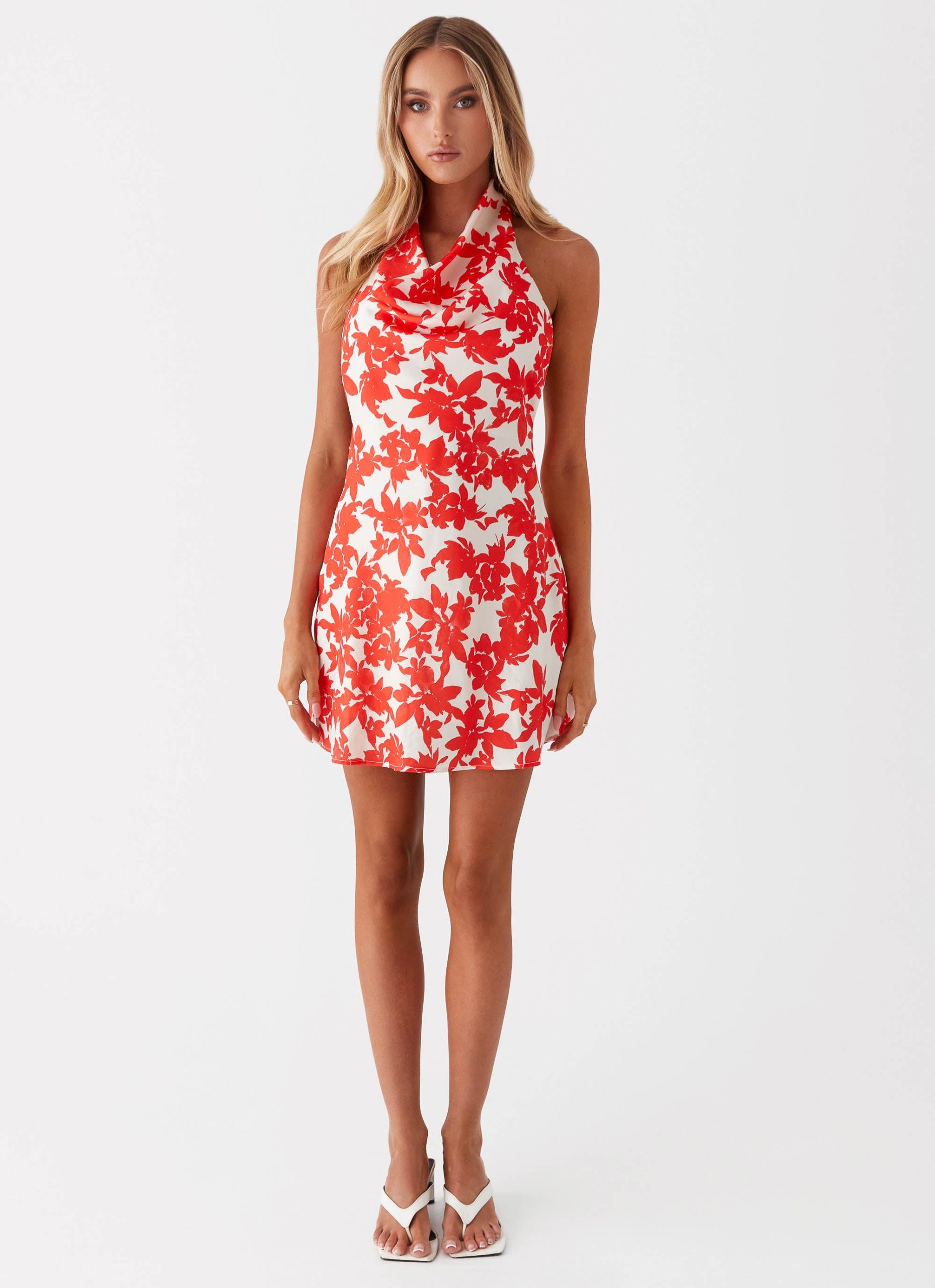 Carmine Bouquet Cowl Neck Mini Dress - Red Floral - Image 2