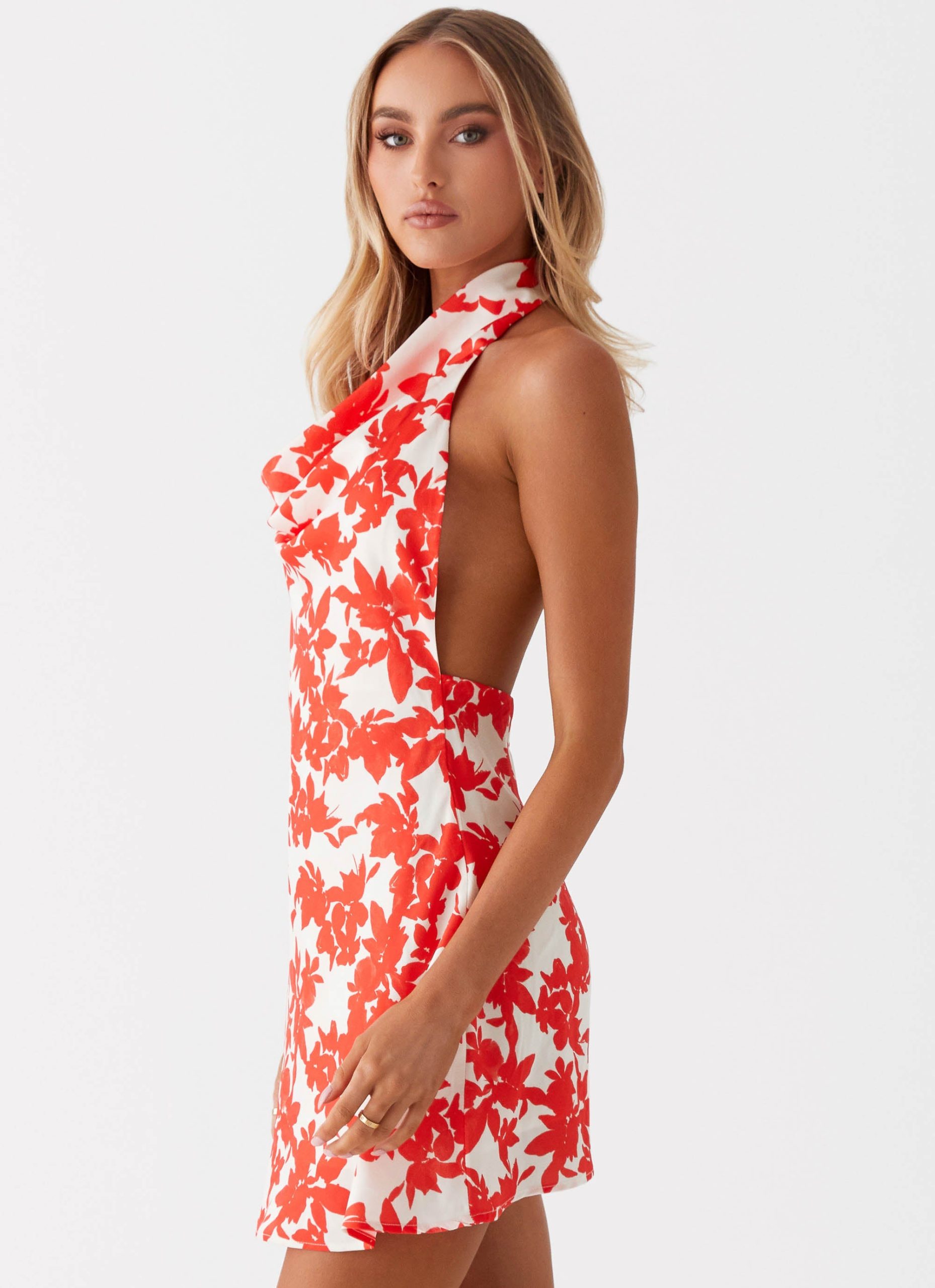 Carmine Bouquet Cowl Neck Mini Dress - Red Floral - Image 3