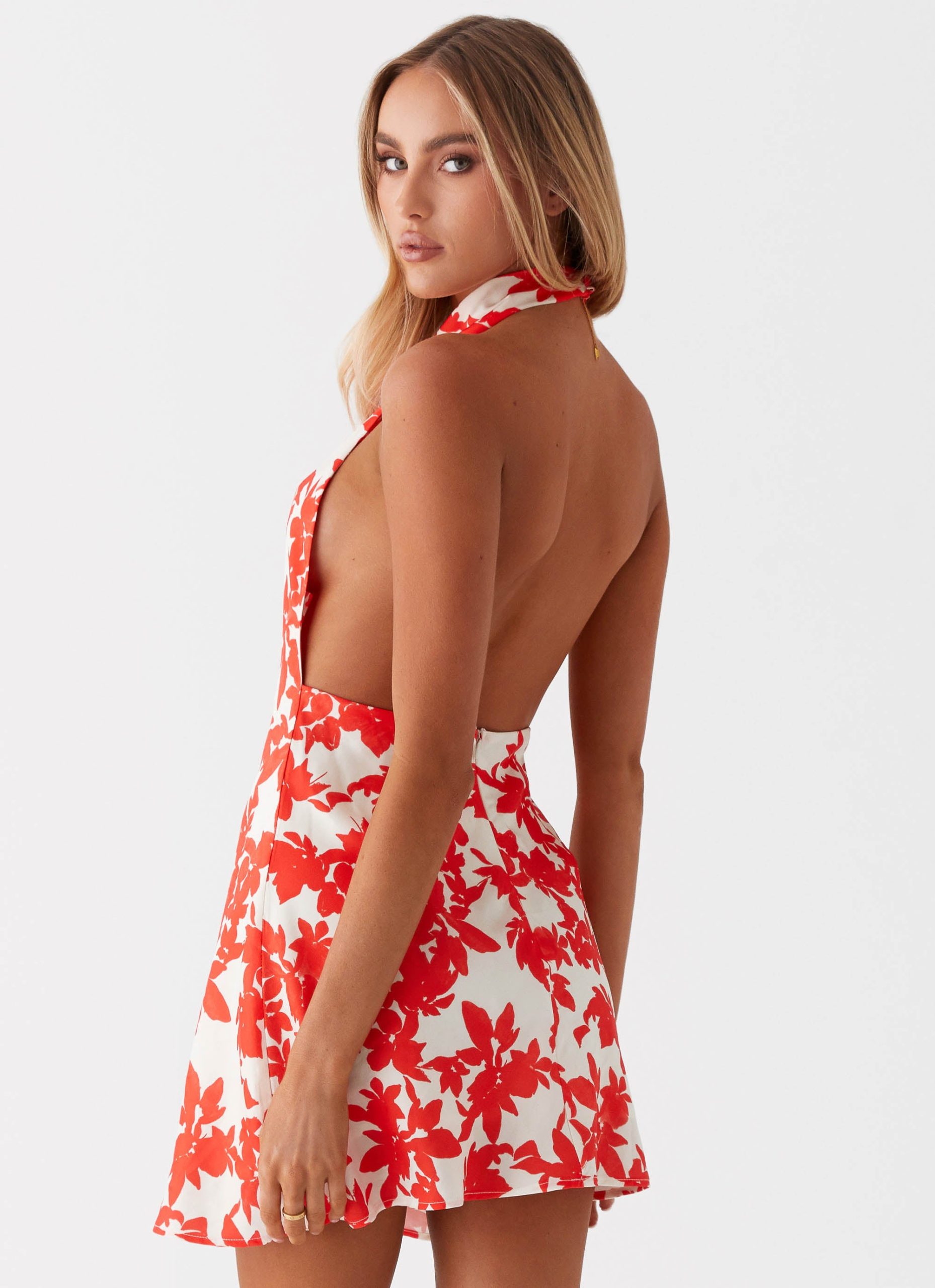 Carmine Bouquet Cowl Neck Mini Dress - Red Floral - Image 4