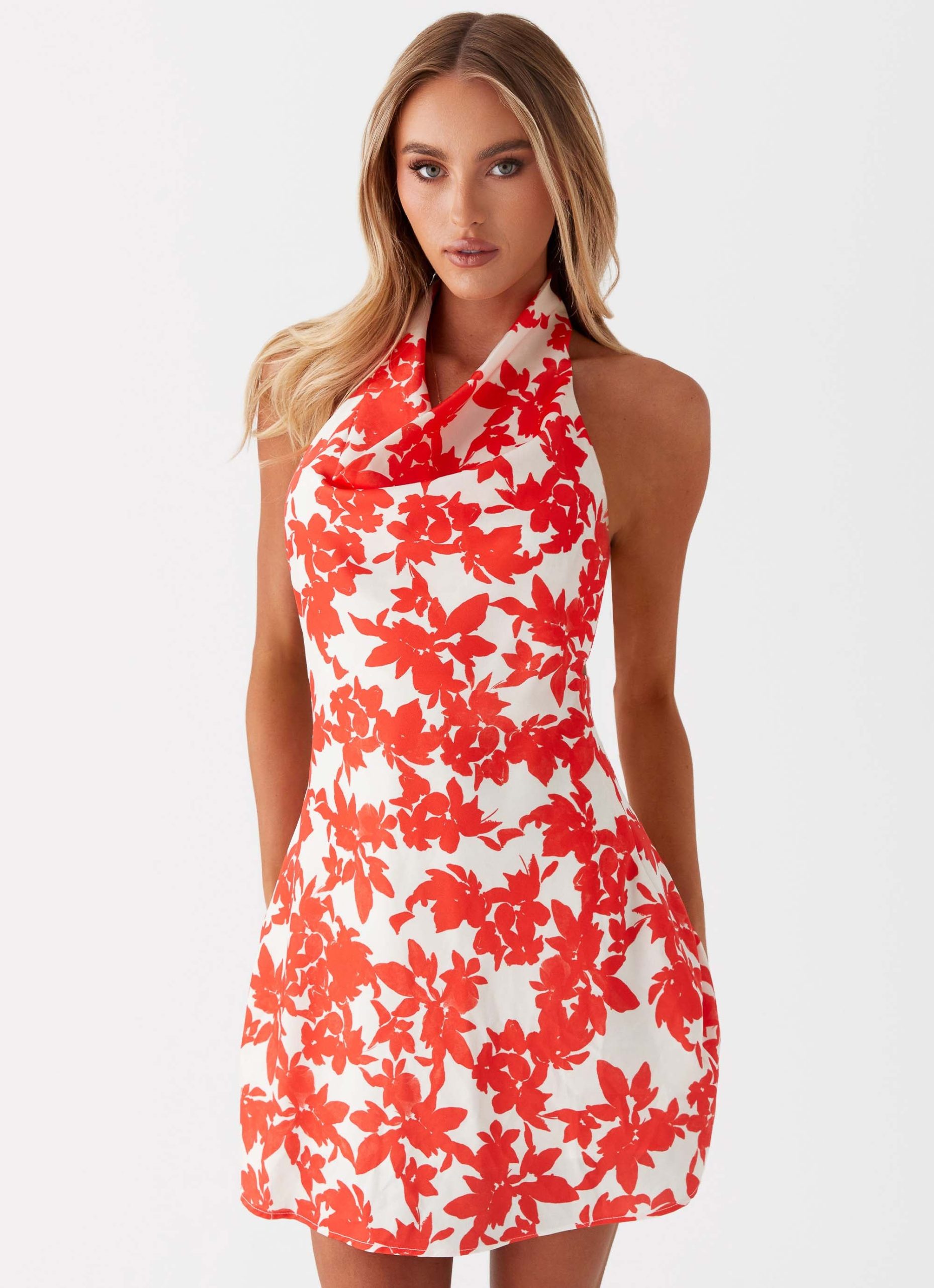 Carmine Bouquet Cowl Neck Mini Dress - Red Floral - Image 5