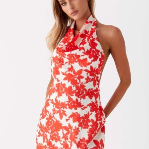 Carmine Bouquet Cowl Neck Mini Dress - Red Floral