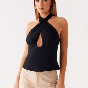 Catch Me Later Linen Halter Top - Black