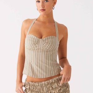 Cheryl Bustier Halter Top - Oatmeal Stripe