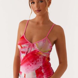 Claudie Mesh Top - White Pink Lilly