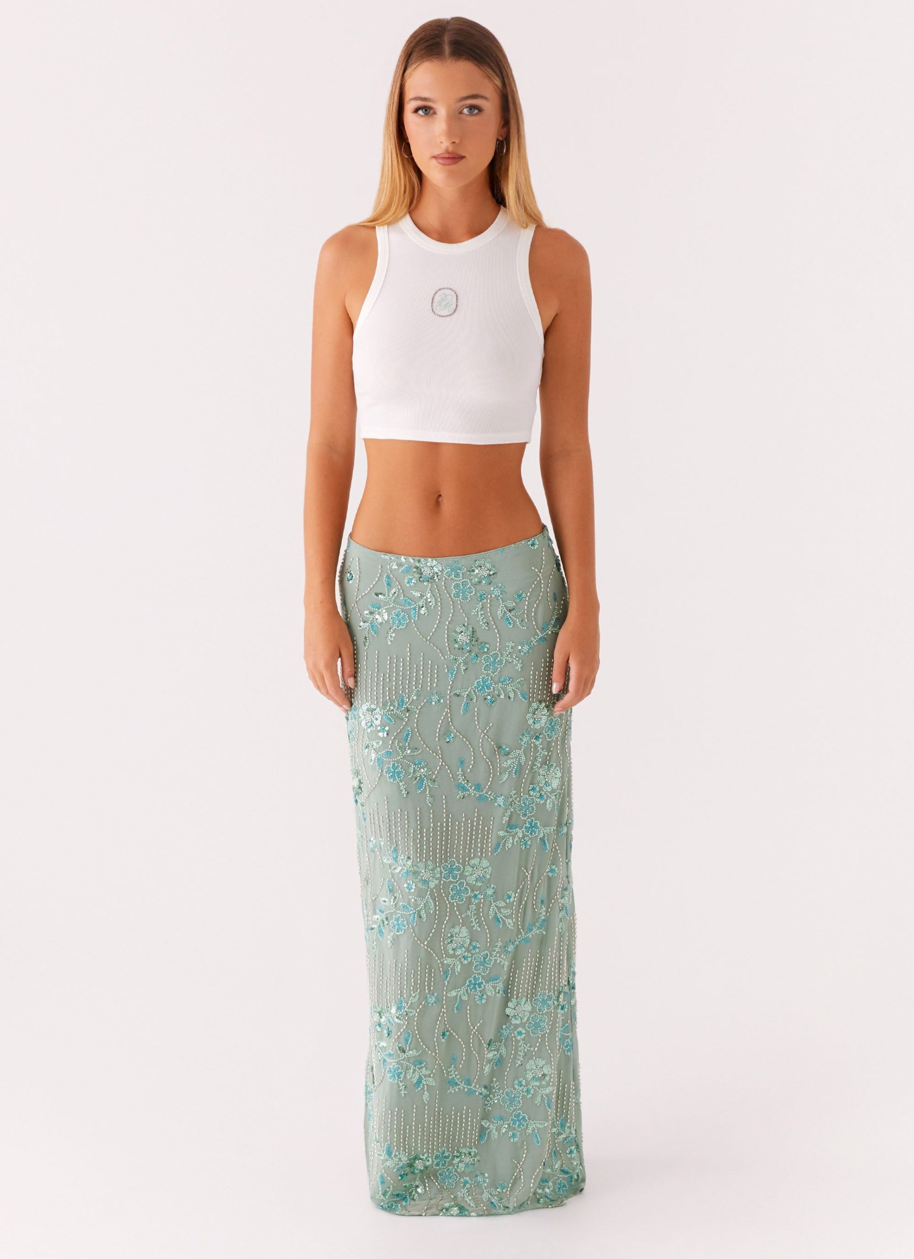 Corinna Low Rise Sequin Maxi Skirt - Mint - Image 3