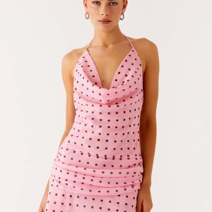 Cyna Cowl Mini Dress - Strawberry Dot