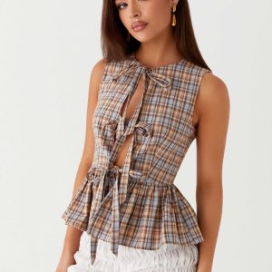 Cyrene Tie Top - Brown Check