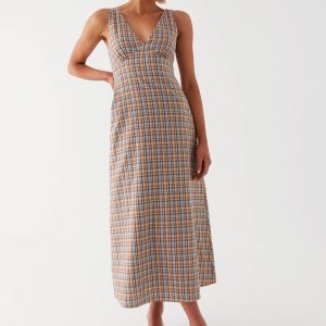 Daphny Gathered Bust Midi Dress - Check