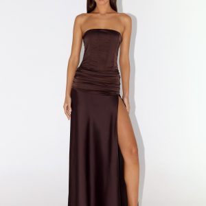Darana Corset Satin Maxi Dress - Chocolate