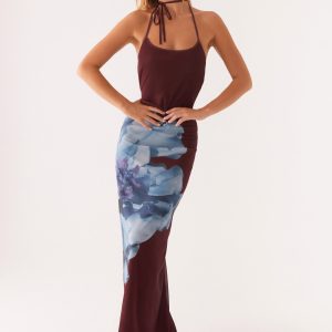 Dayana Halterneck Maxi Dress - Maroon Print