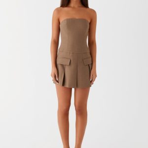 Deal-Breaker Mini Dress - Brown Beige
