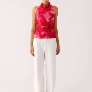 Delany Halter Top - Peach Watermelon Flower