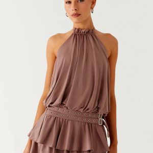 Dopamine Belt Mini Dress - Taupe