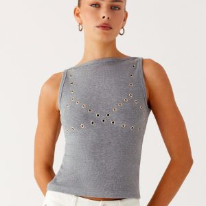 Drop Top Ribbed Eyelet Tank Top - Marle Grey