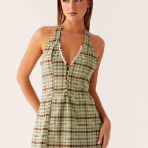 Dunia Halter Mini Dress - Forest Plaid